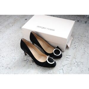Sergio Rossi Black Suede Kitten Heels with Silver Buckle size EU 34.5 US 4.5‎